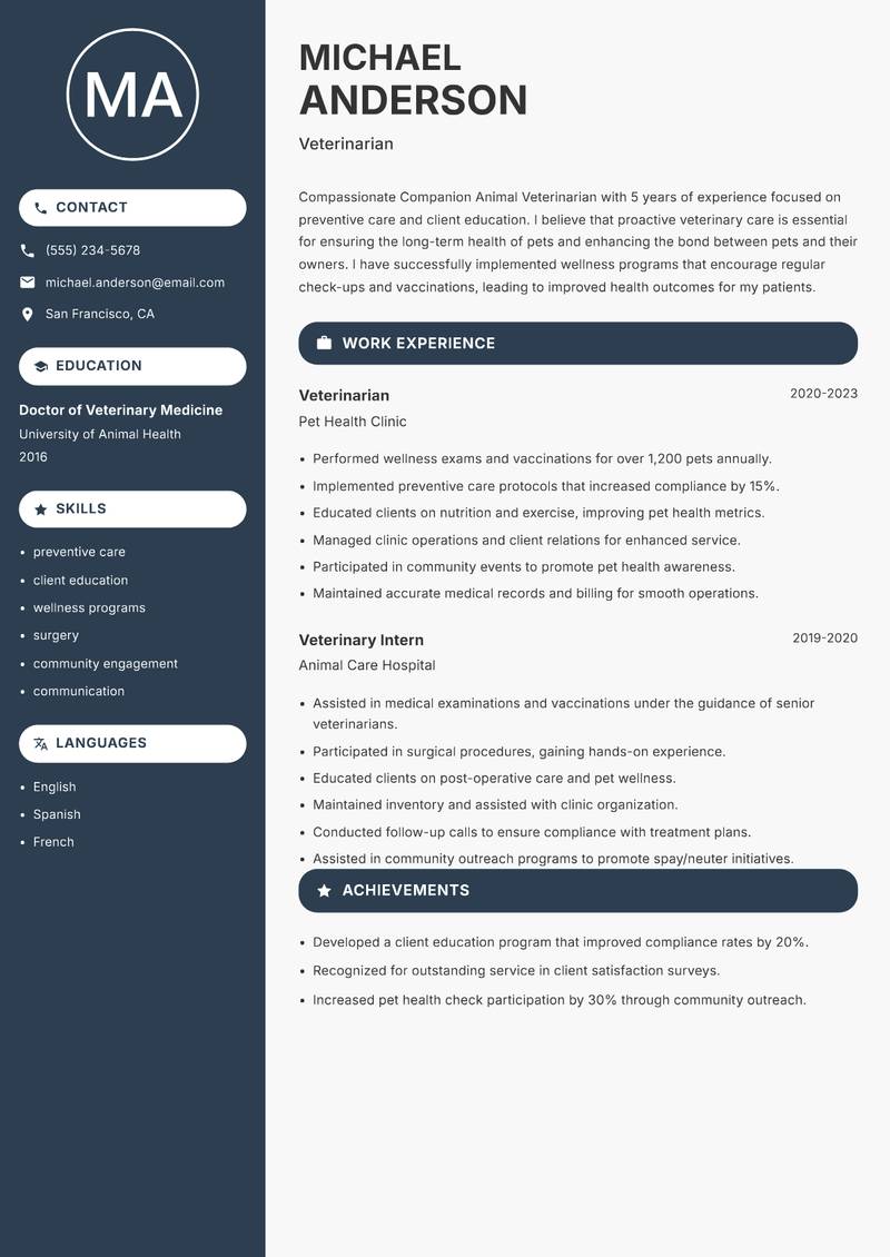 Companion Animal Veterinarian resume template — Compact