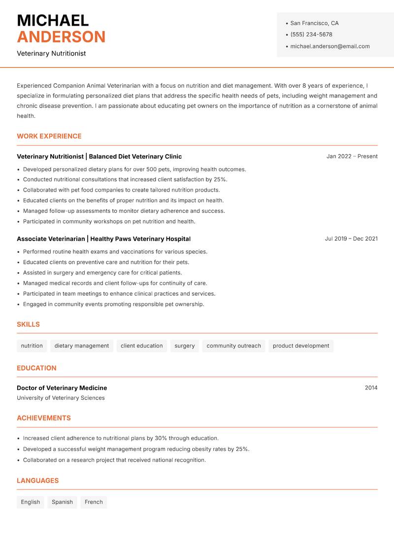 Companion Animal Veterinarian resume template — Modern Professional