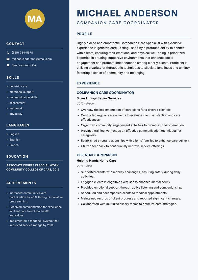 Companion Care Specialist resume template — Classic Clean