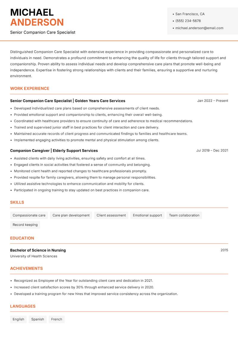 Companion Care Specialist resume template — Modern Professional