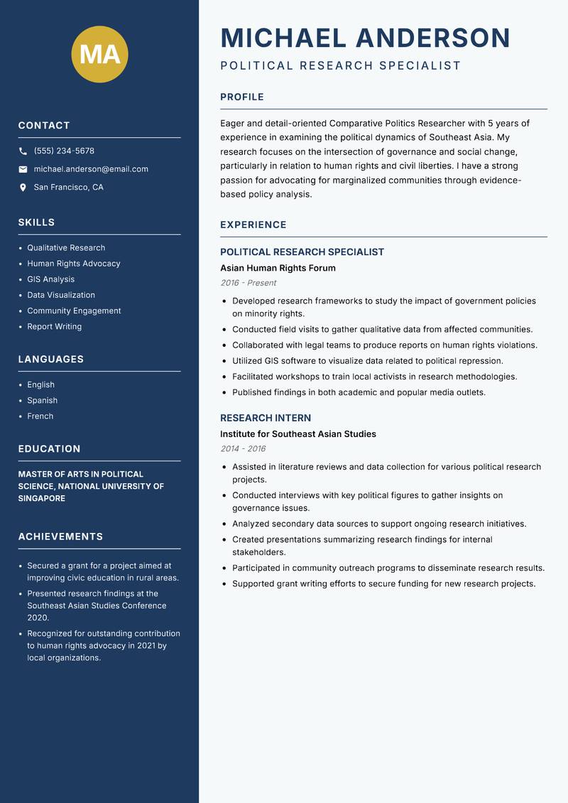 Comparative Politics Researcher resume template — Classic Clean