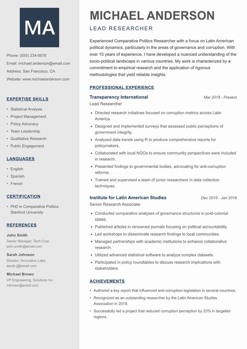 Comparative Politics Researcher resume template — Creative Minimal