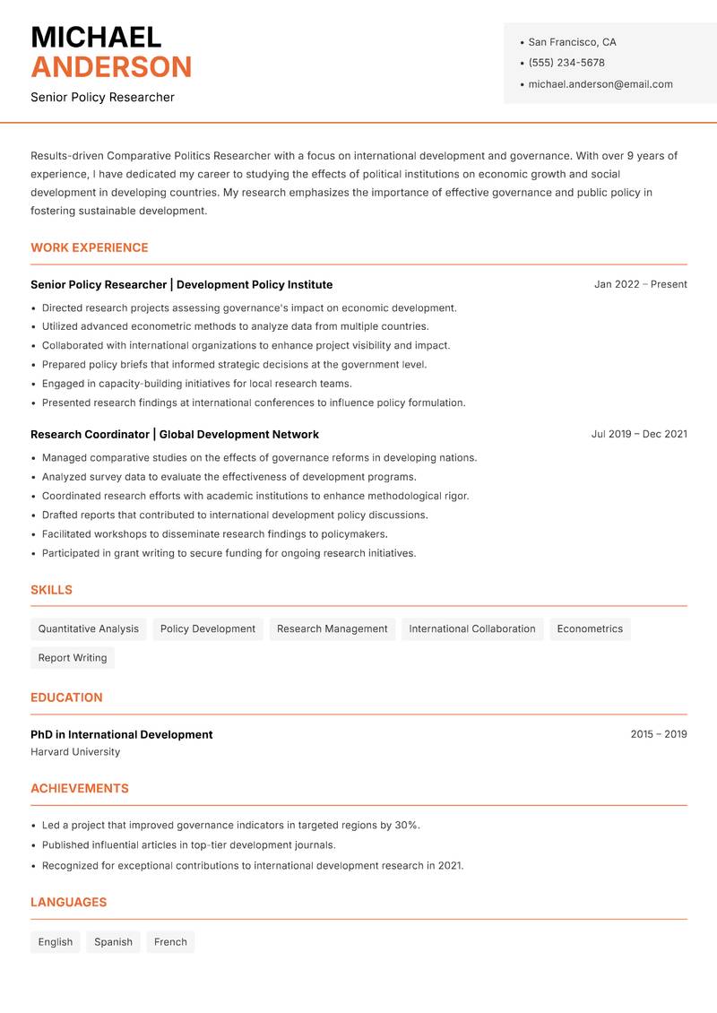 Comparative Politics Researcher resume template — Modern Professional