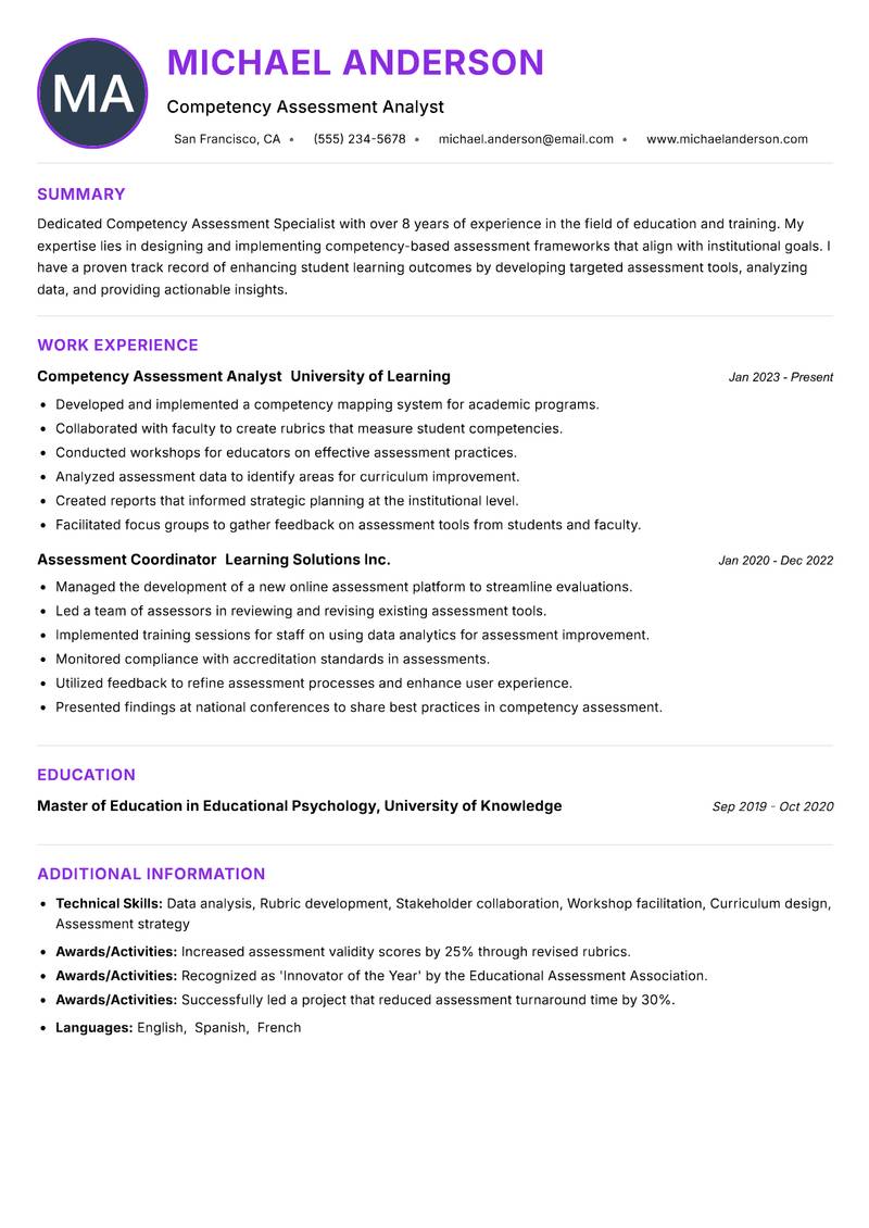 Competency Assessment Specialist resume example — ATS-friendly template