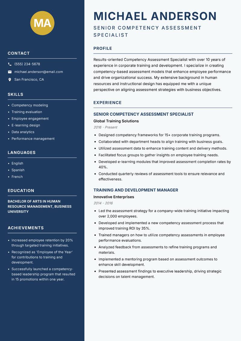 Competency Assessment Specialist resume template — Classic Clean