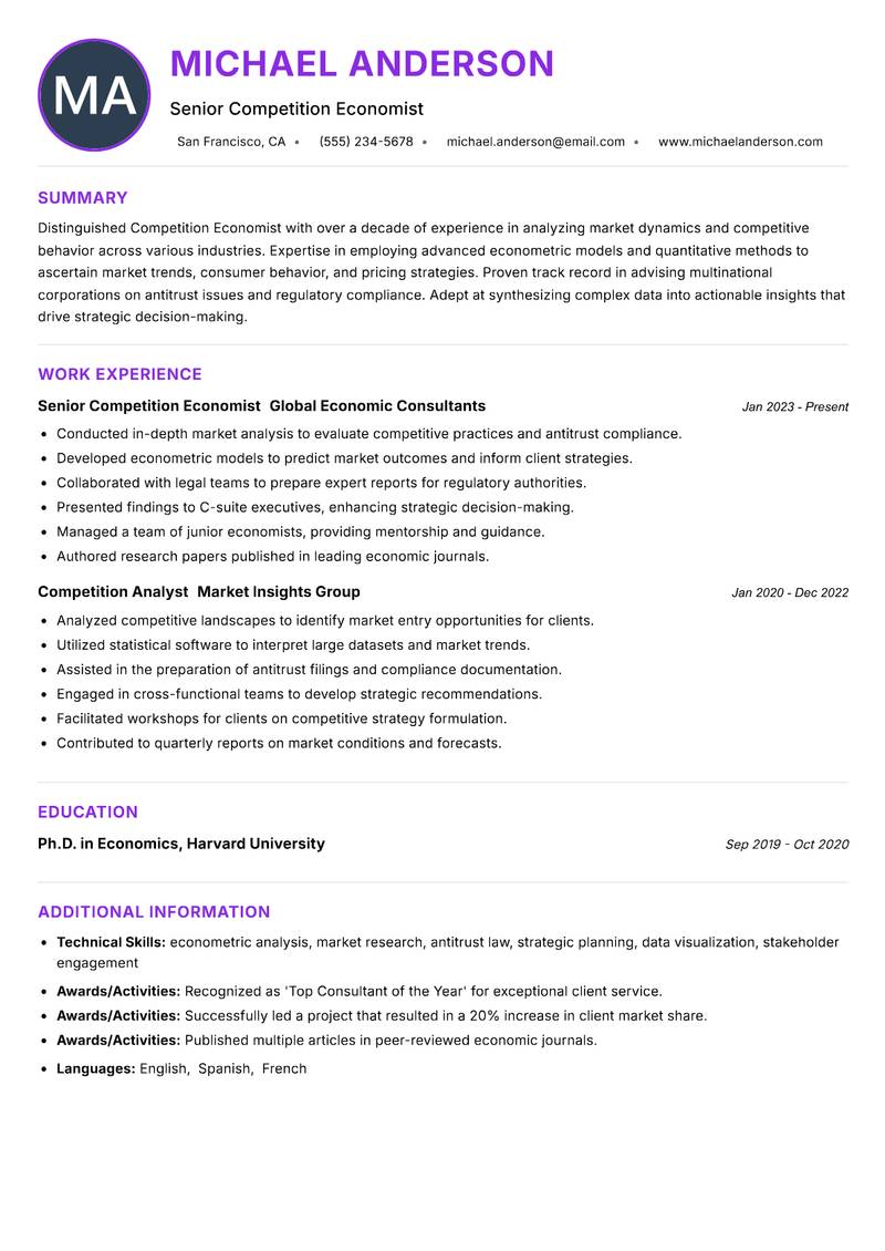 Competition Economist resume example — ATS-friendly template