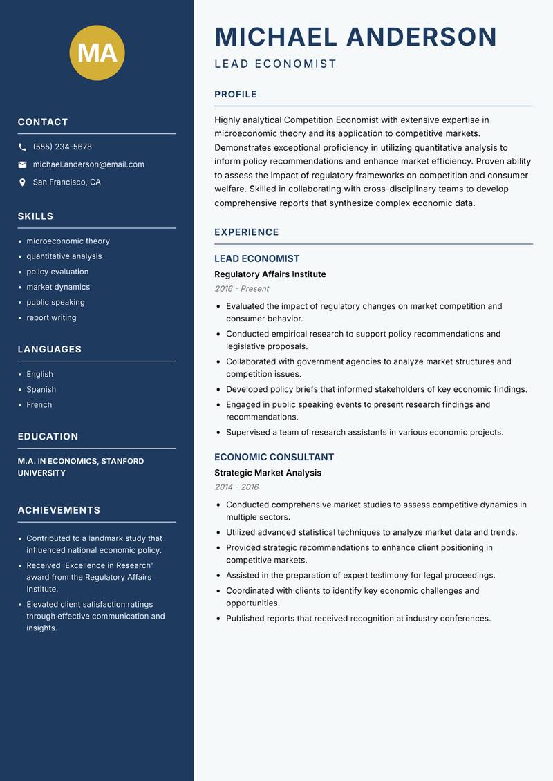 Competition Economist resume template — Classic Clean