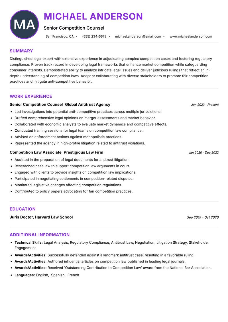Competition Tribunal Member resume example — ATS-friendly template