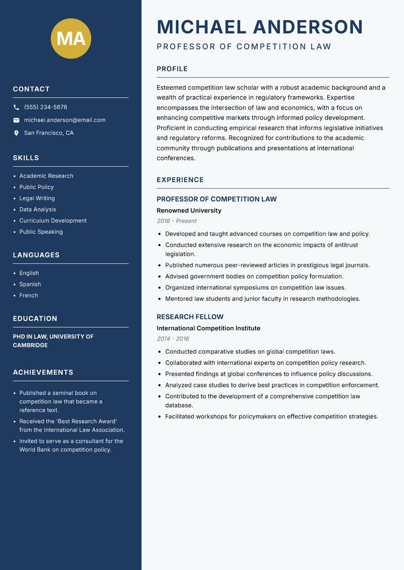 Competition Tribunal Member resume template — Classic Clean
