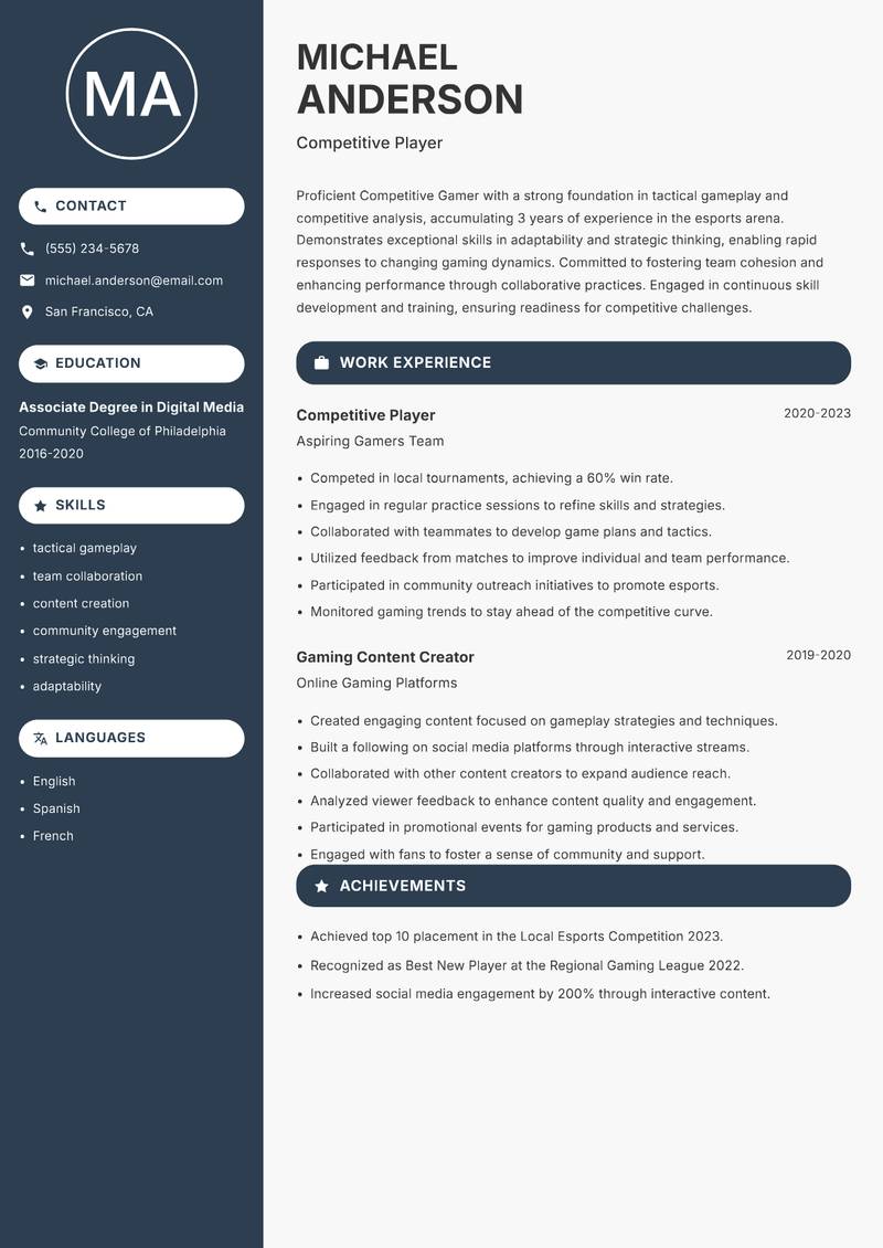 Competitive Gamer resume template — Compact