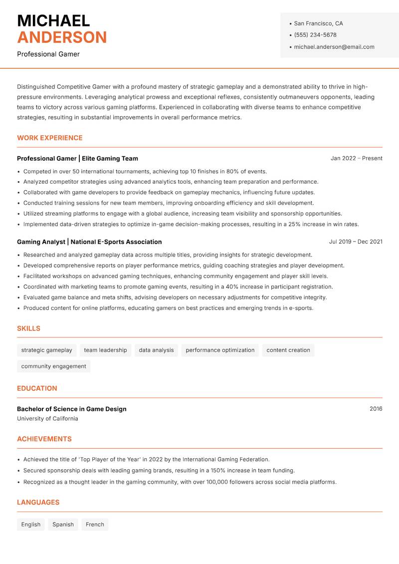 Competitive Gamer resume template — Modern Professional