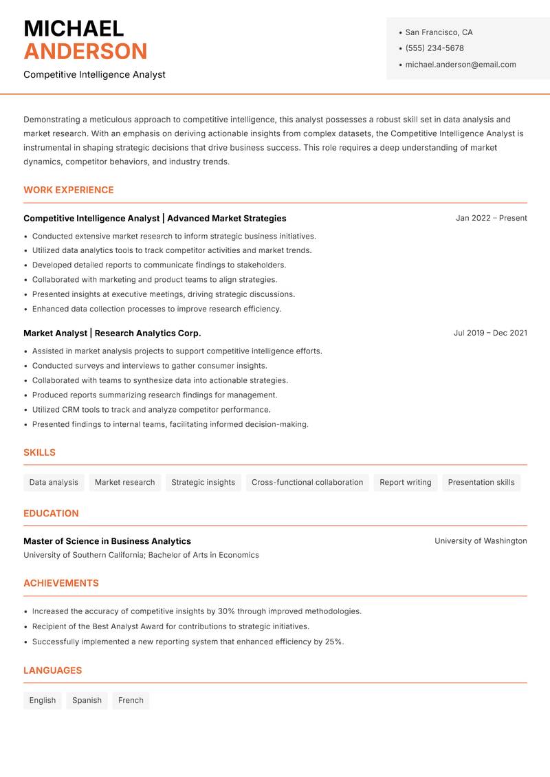 Competitive Intelligence Analyst resume template — Modern Professional
