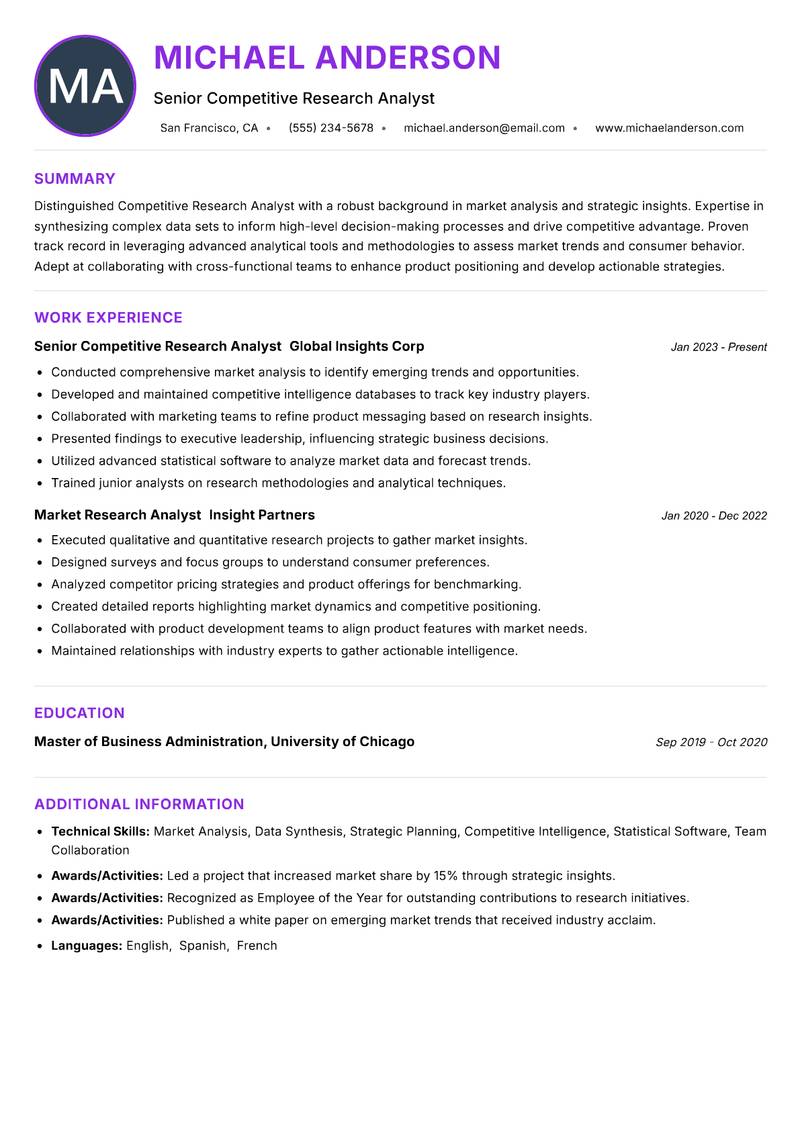 Competitive Research Analyst resume example — ATS-friendly template