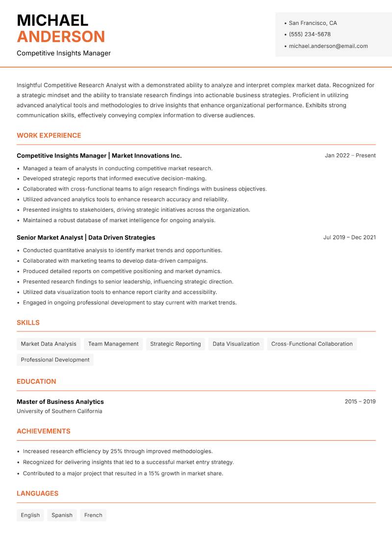 Competitive Research Analyst resume template — Modern Professional