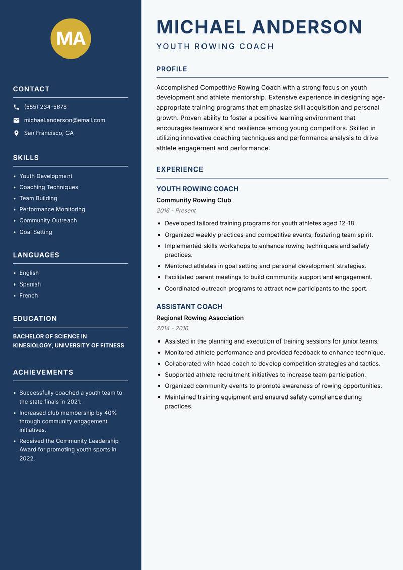 Competitive Rowing Coach resume template — Classic Clean