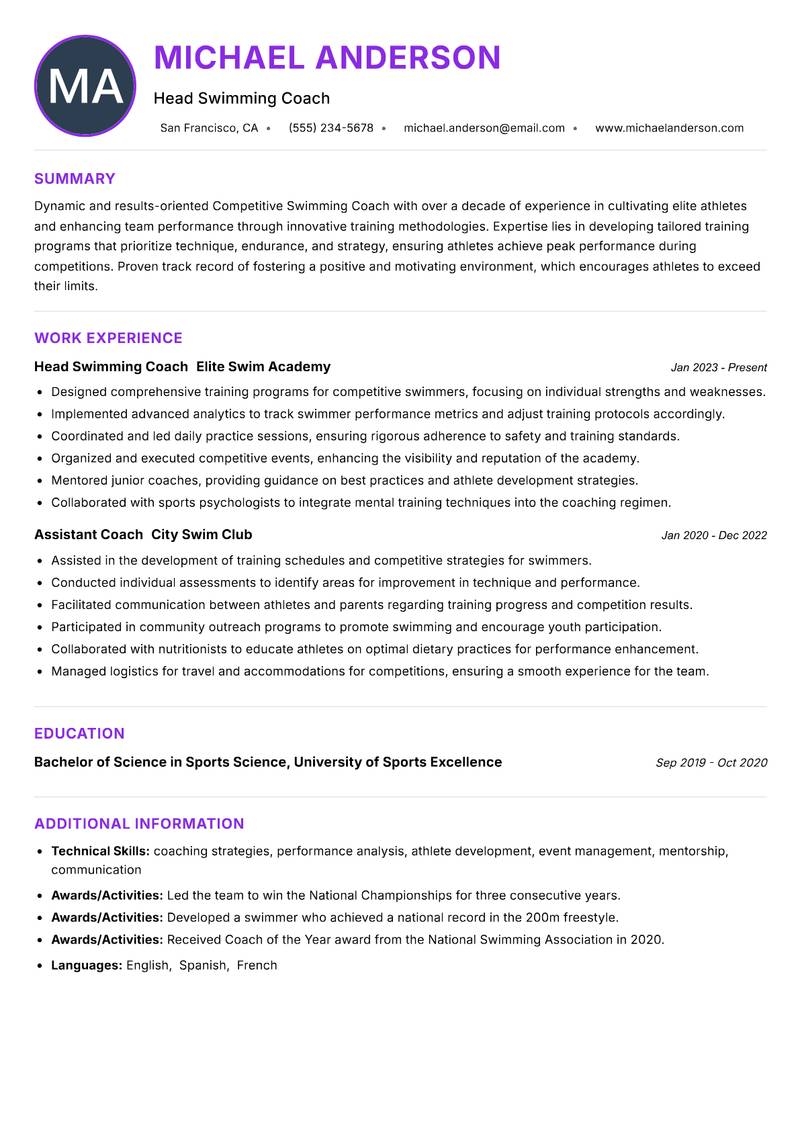 Competitive Swimming Coach resume example — ATS-friendly template