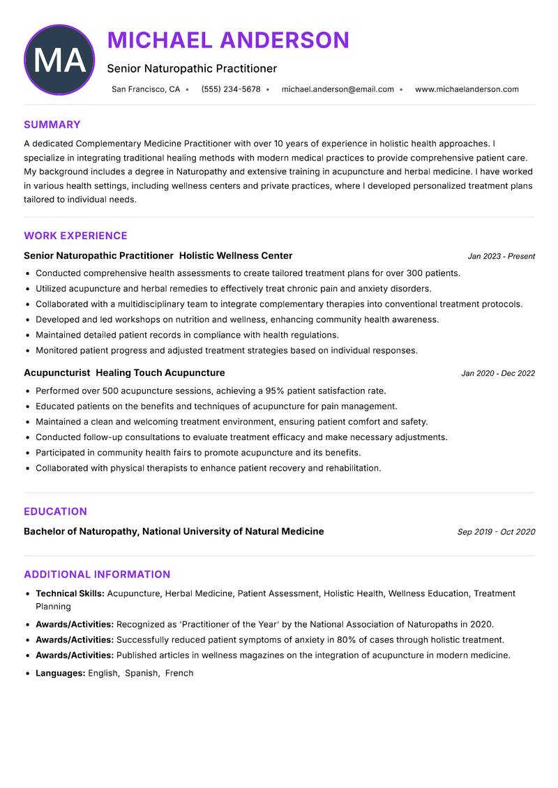 Complementary Medicine Practitioner resume example — ATS-friendly template