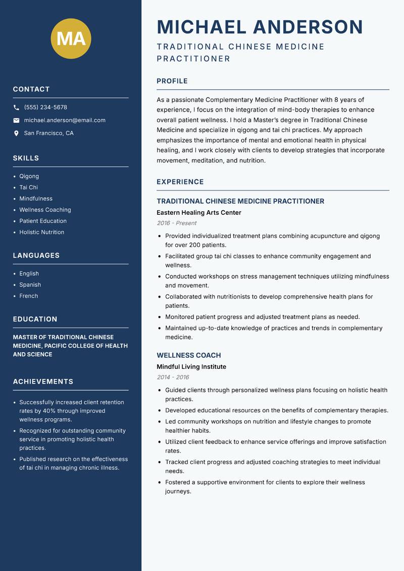 Complementary Medicine Practitioner resume template — Classic Clean