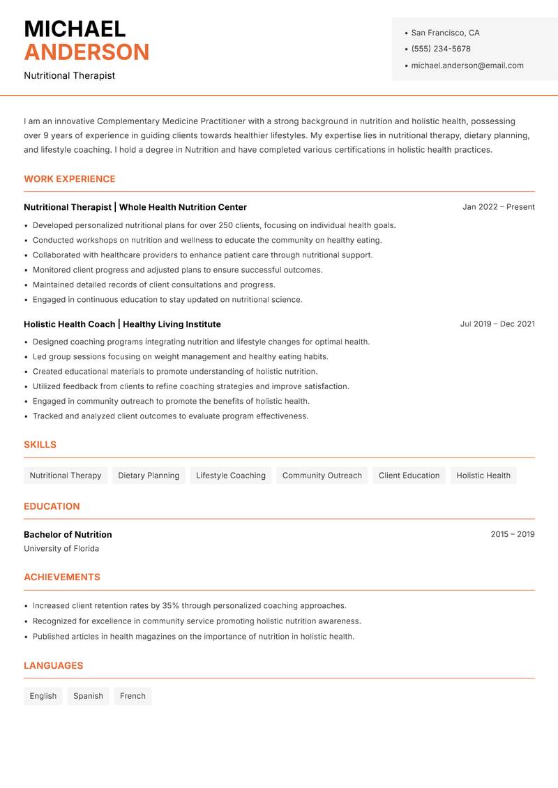 Complementary Medicine Practitioner resume template — Modern Professional