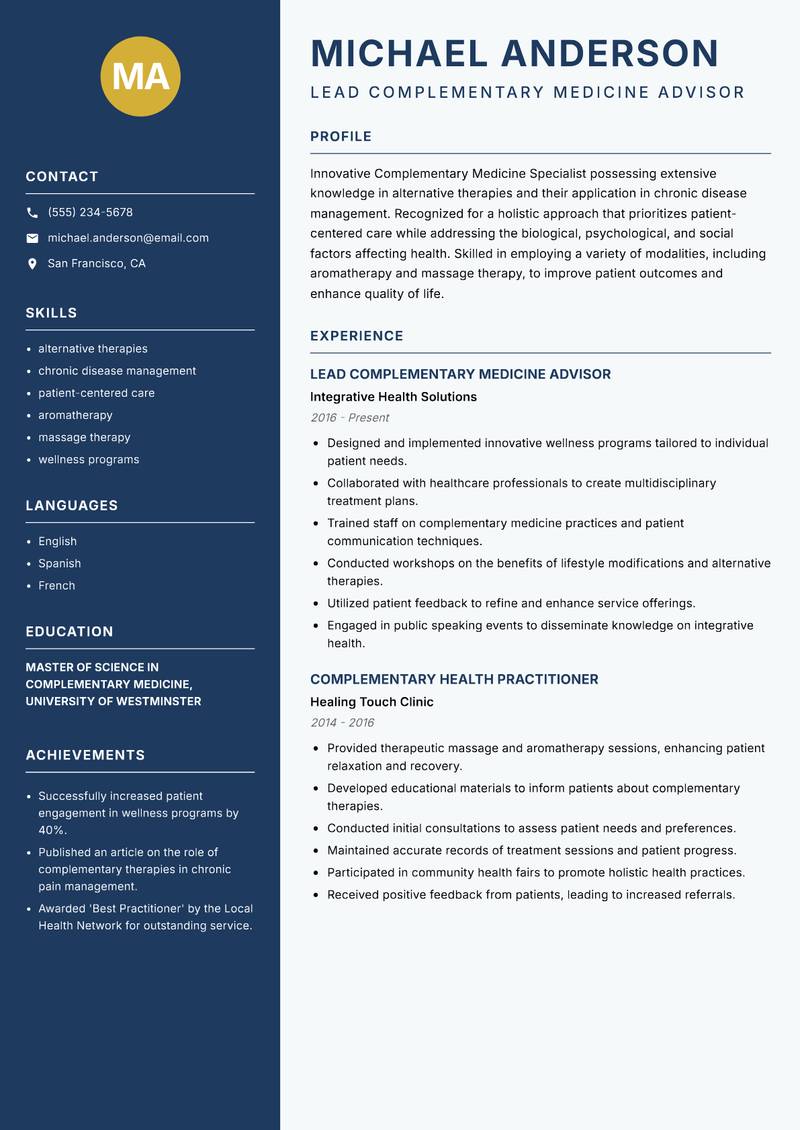 Complementary Medicine Specialist resume template — Classic Clean