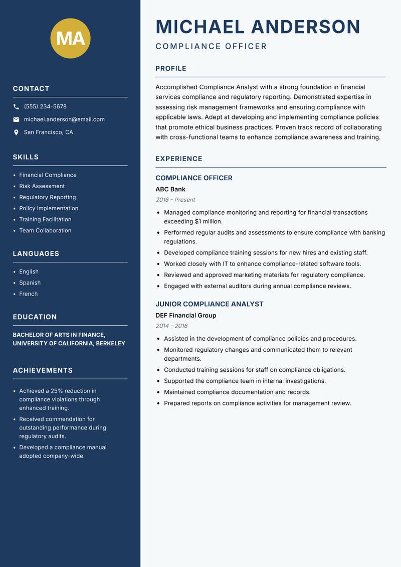 Compliance Analyst resume template — Classic Clean