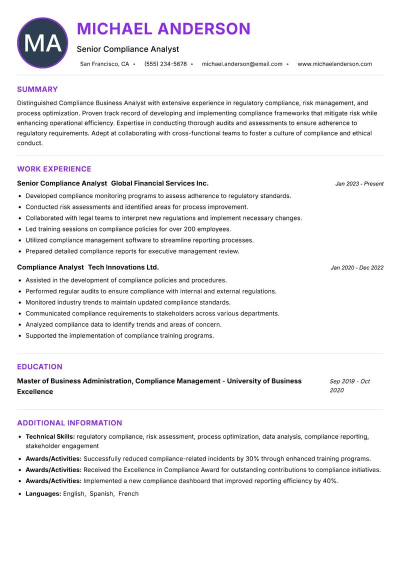 Compliance Business Analyst resume example — ATS-friendly template