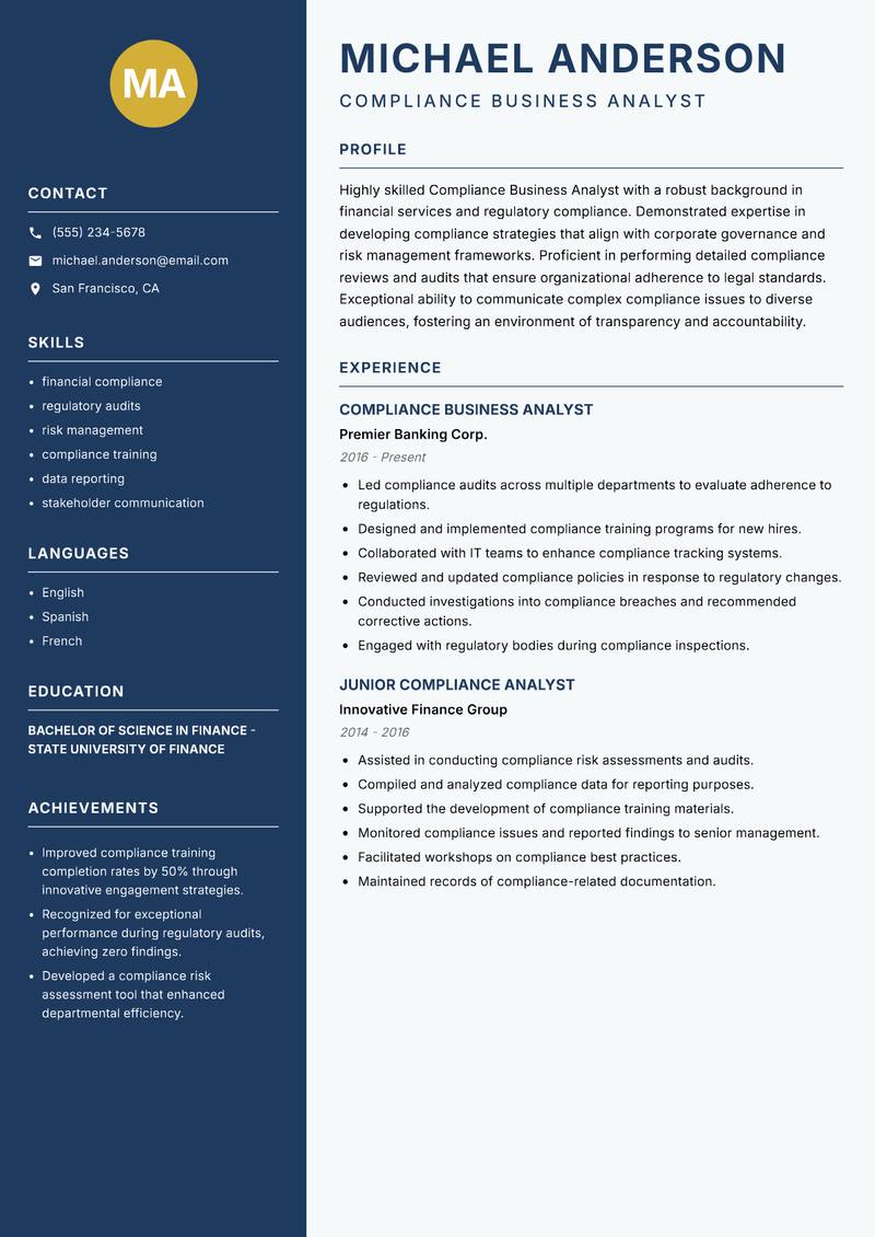 Compliance Business Analyst resume template — Classic Clean