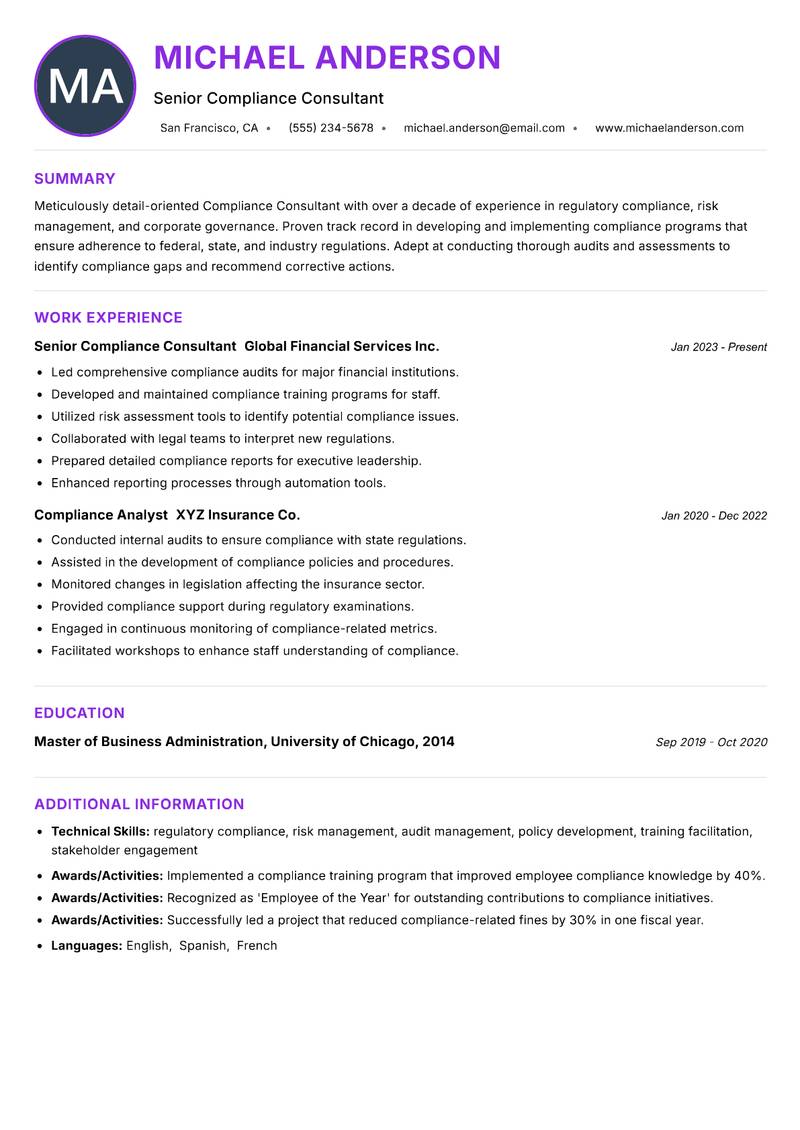 Compliance Consultant resume example — ATS-friendly template