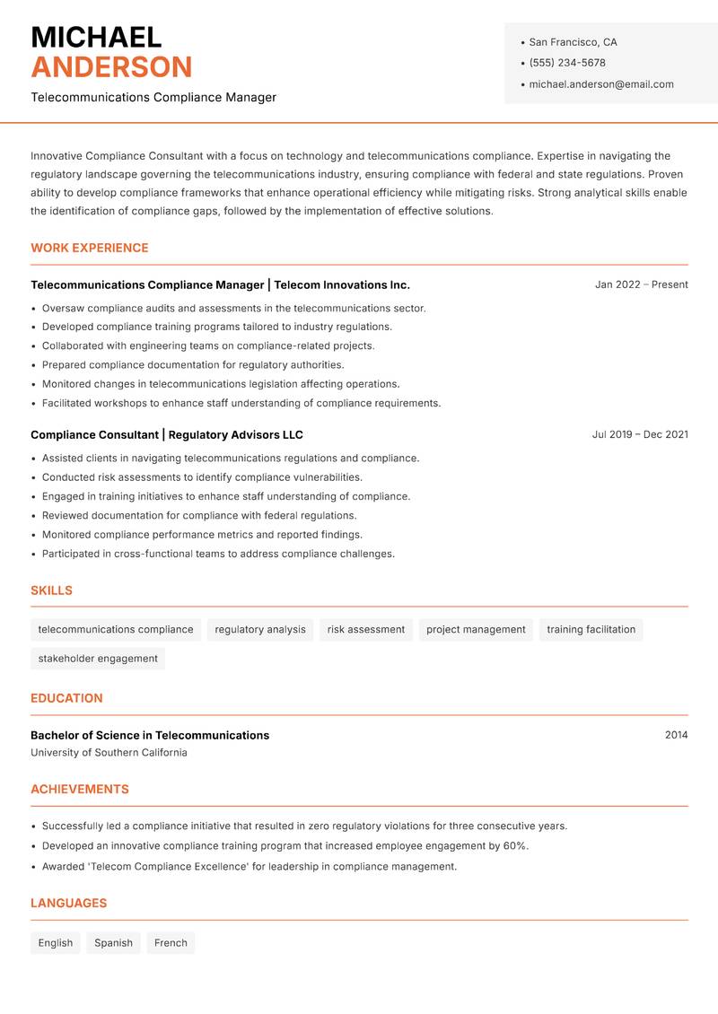 Compliance Consultant resume template — Modern Professional