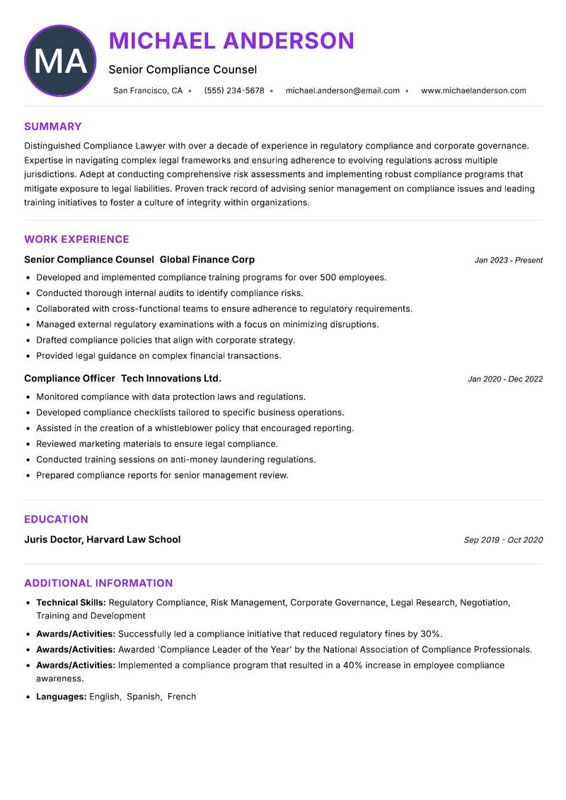 Compliance Lawyer resume example — ATS-friendly template