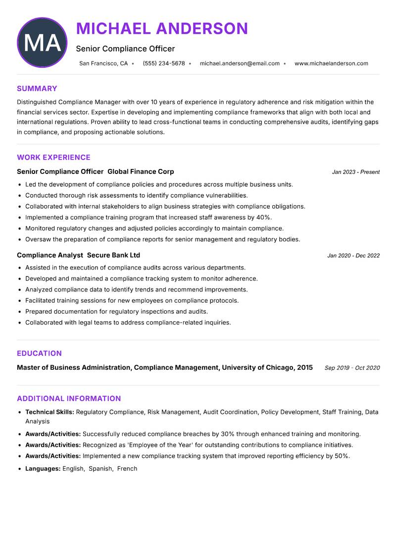 Compliance Manager resume example — ATS-friendly template