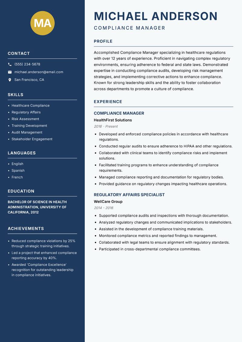 Compliance Manager resume template — Classic Clean