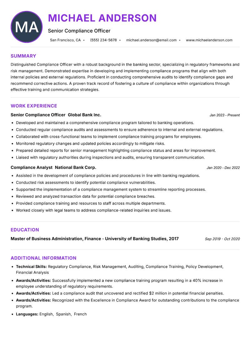 Compliance Officer Banking resume example — ATS-friendly template