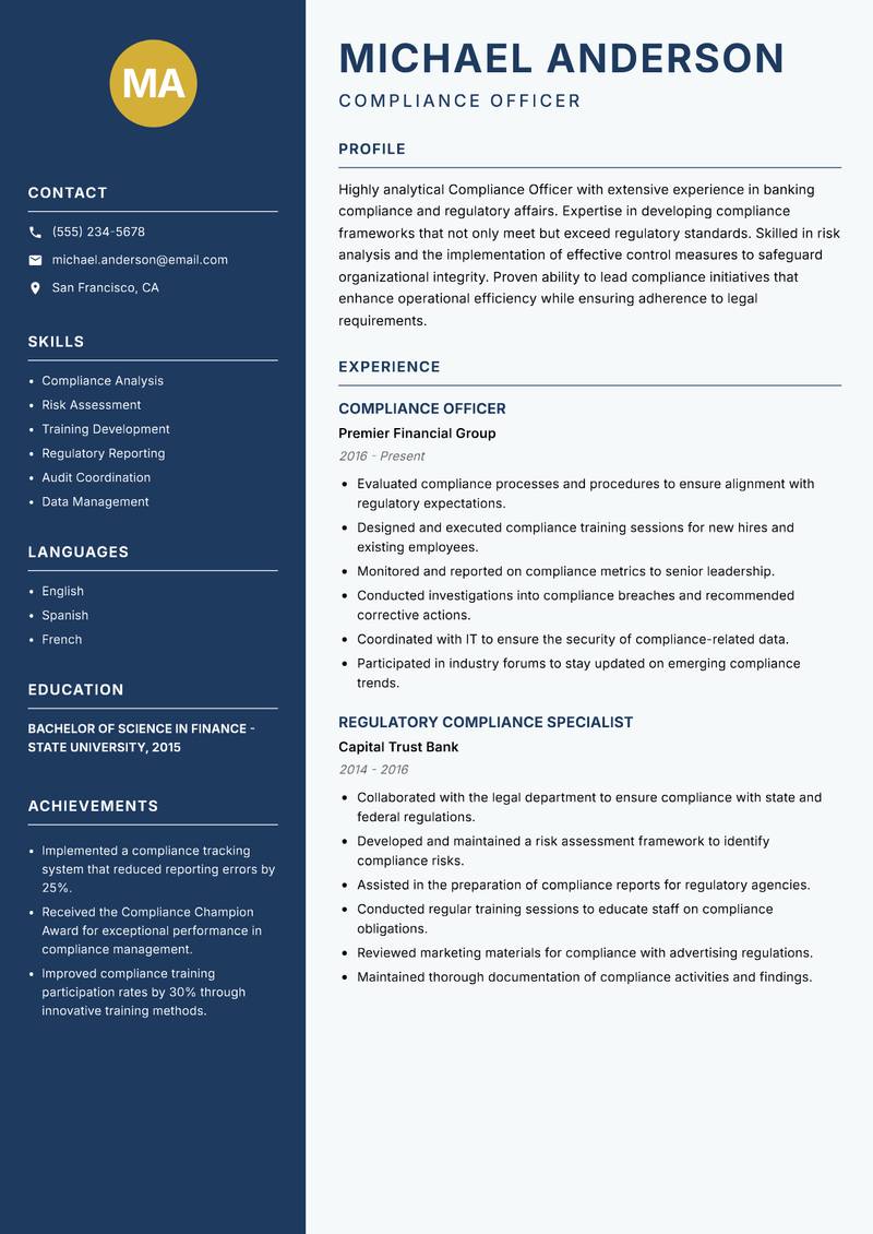 Compliance Officer Banking resume template — Classic Clean