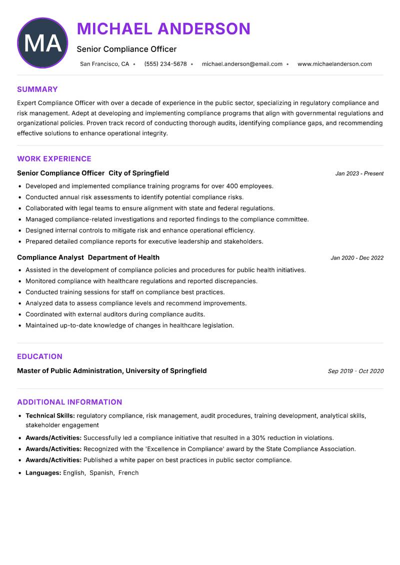 Compliance Officer Public Sector resume example — ATS-friendly template
