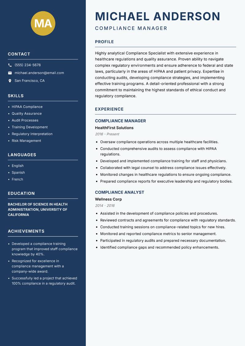 Compliance Specialist resume template — Classic Clean