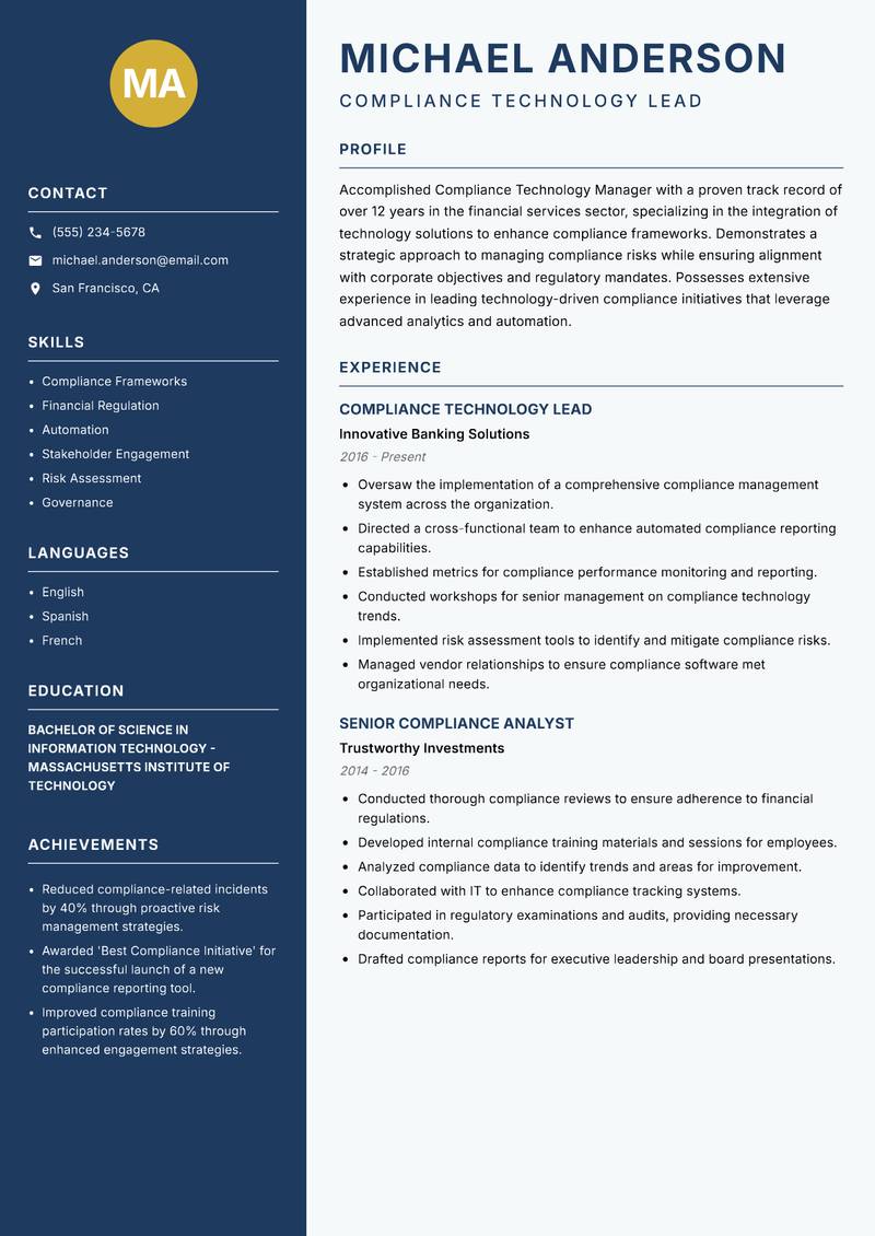 Compliance Technology Manager resume template — Classic Clean