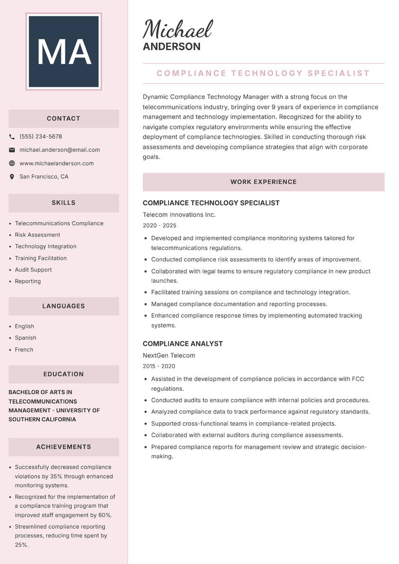Compliance Technology Manager resume template — Executive