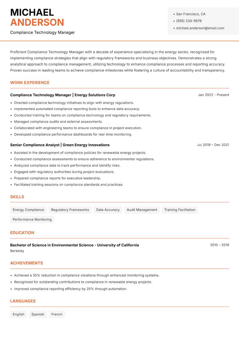 Compliance Technology Manager resume template — Modern Professional