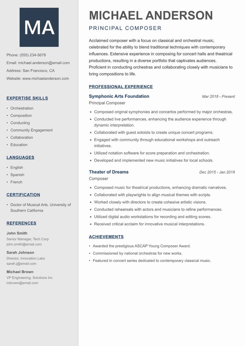 Composer resume template — Creative Minimal