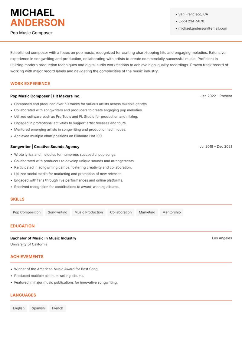 Composer resume template — Modern Professional