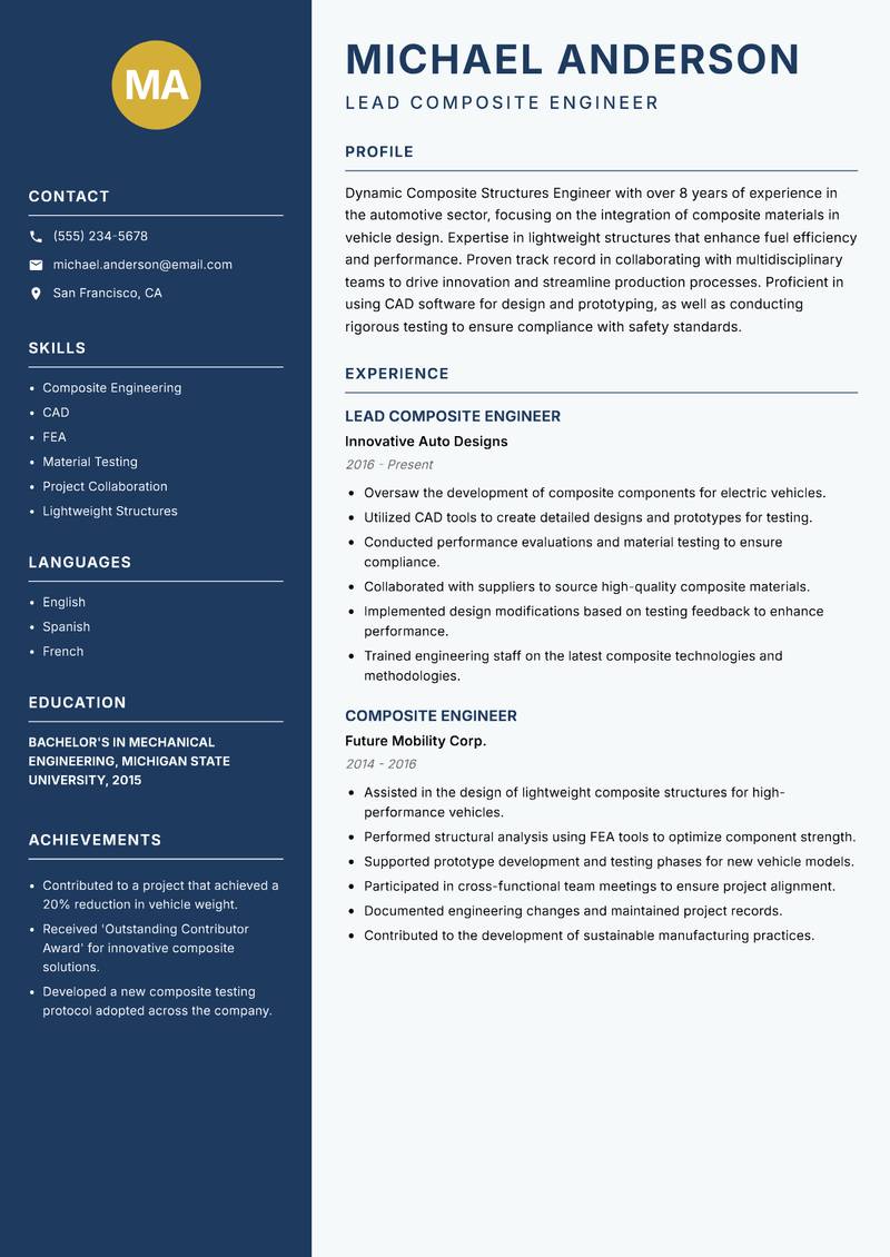 Composite Structures Engineer resume template — Classic Clean