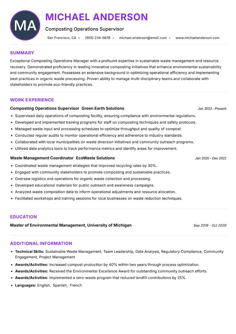 Composting Operations Manager resume example — ATS-friendly template