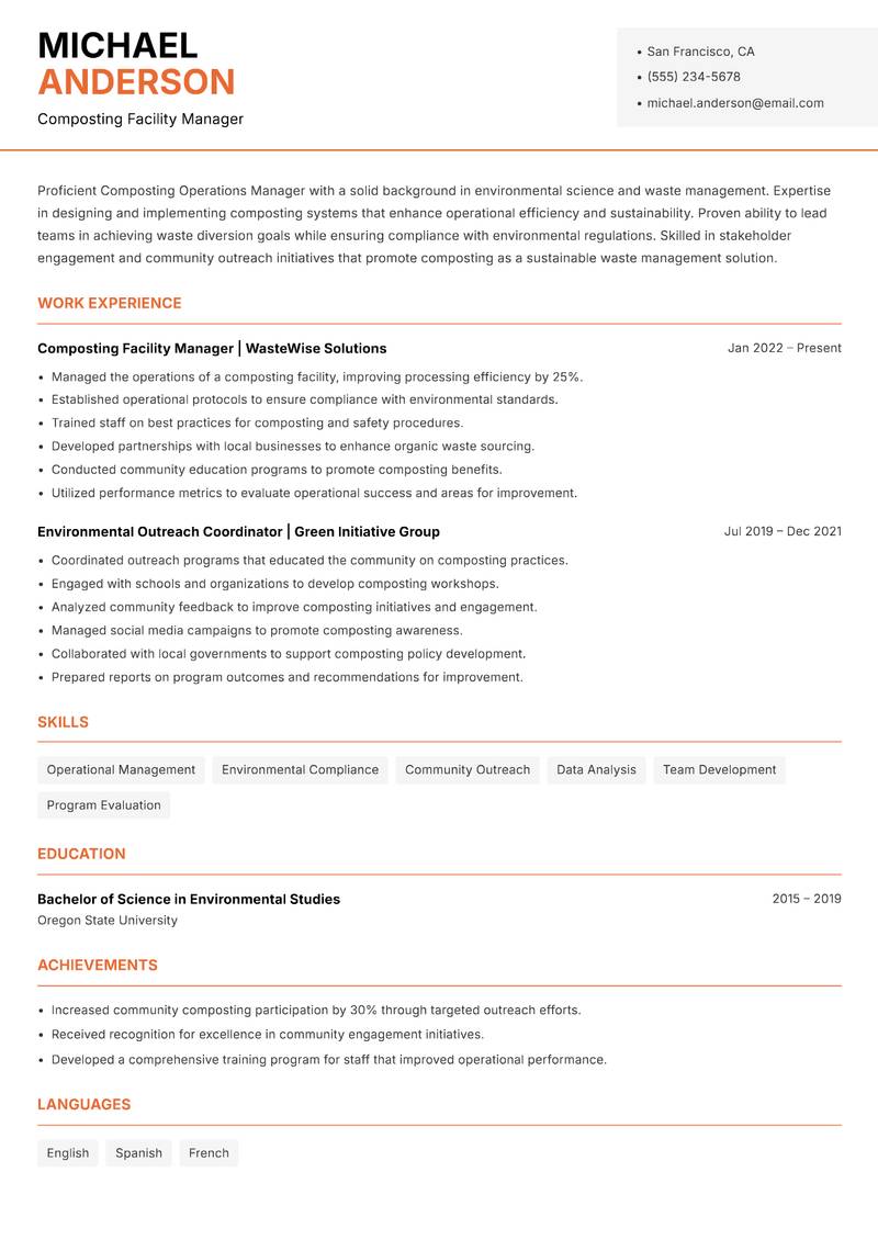 Composting Operations Manager resume template — Modern Professional