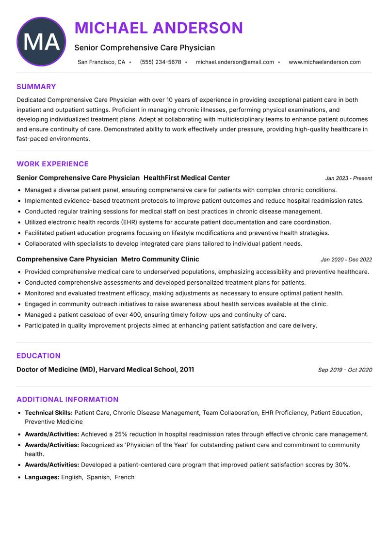 Comprehensive Care Physician resume example — ATS-friendly template