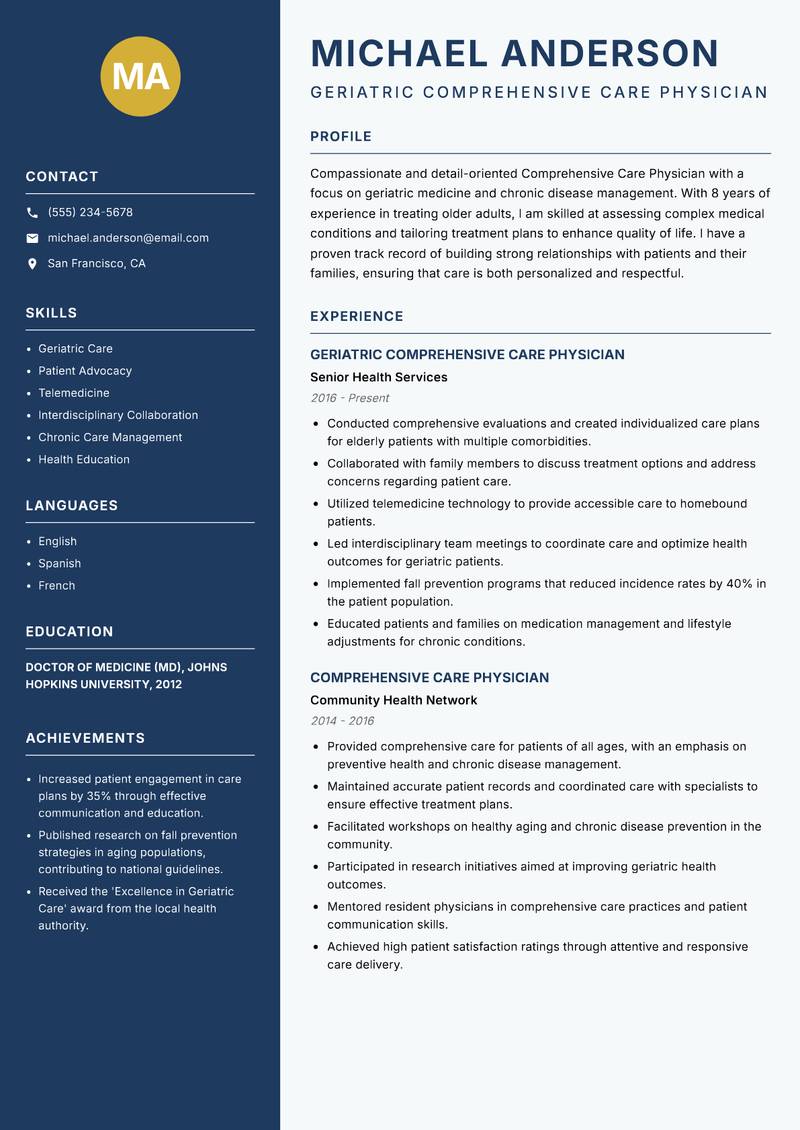 Comprehensive Care Physician resume template — Classic Clean