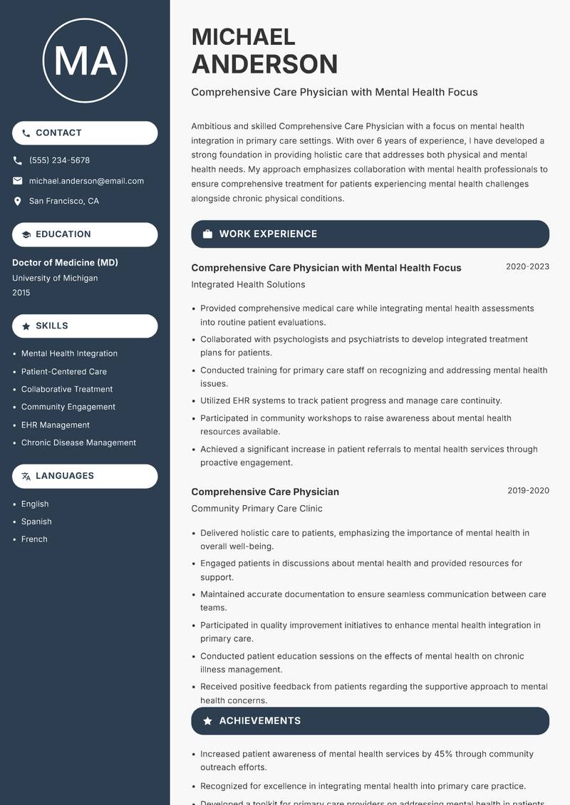 Comprehensive Care Physician resume template — Compact