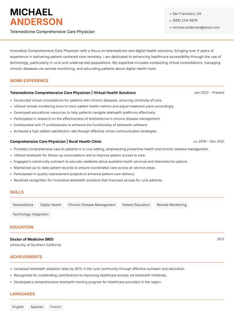 Comprehensive Care Physician resume template — Modern Professional