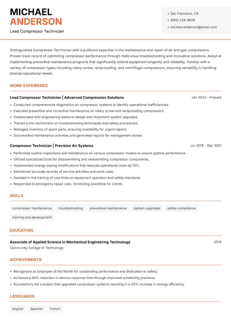 Compressor Technician resume template — Modern Professional