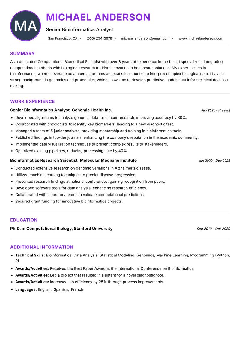 Computational Biomedical Scientist resume example — ATS-friendly template